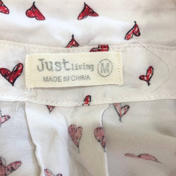 Just Living Red Hearts Long Sleeve Roll Tab Rayon Blouse - Picture 7 of 8